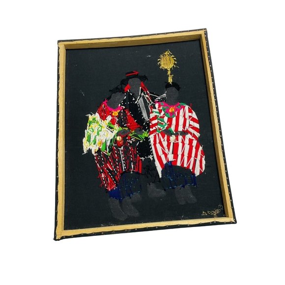 Solola Black Stretched Folk Art Embroidered Spanish Textile Frameless Picture - Picture 4 of 12